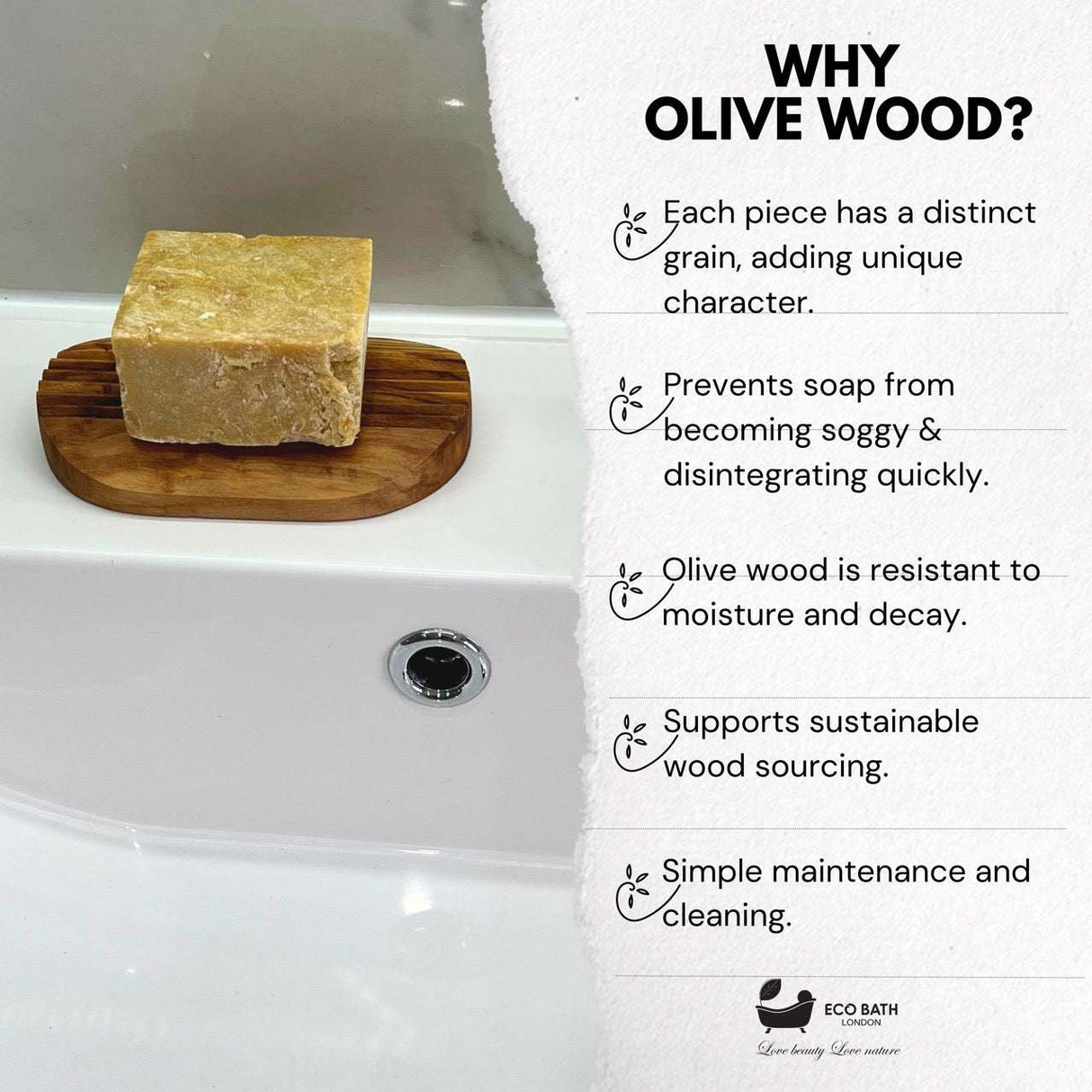 Eco Bath London Ridged Soap Dish made from olive wood, featuring unique grain and moisture resistance