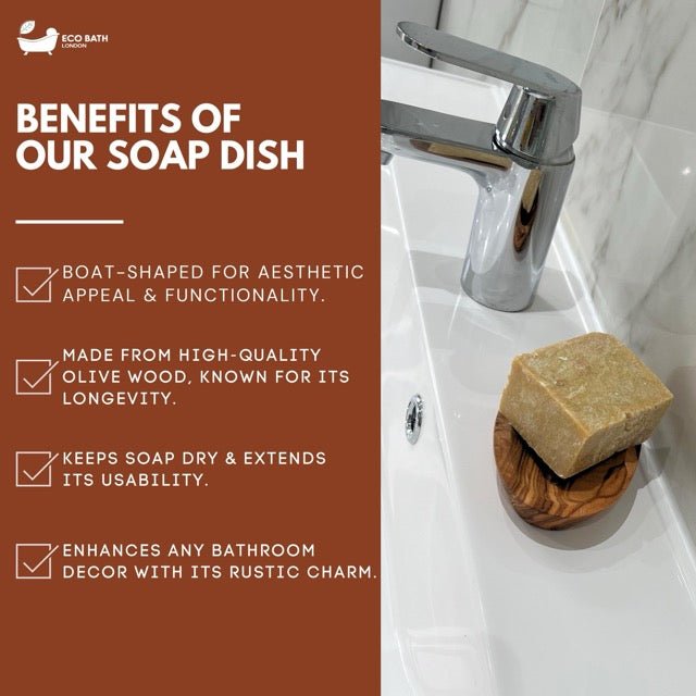 Eco Bath London Soap Dish in boat shape made from durable olive wood for elegant bathroom decor