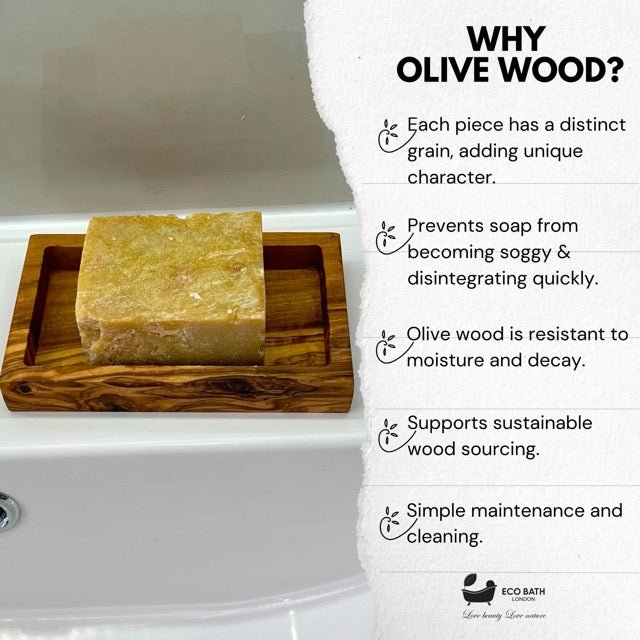 Eco Bath London Olive Wood Soap Dish with unique grain, moisture resistant for sustainable use