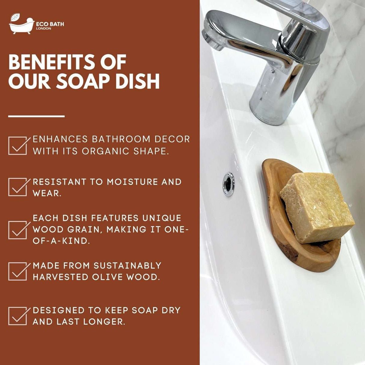 Wood Leaf Soap Dish made from sustainably harvested olive wood for enhanced bathroom decor and longevity