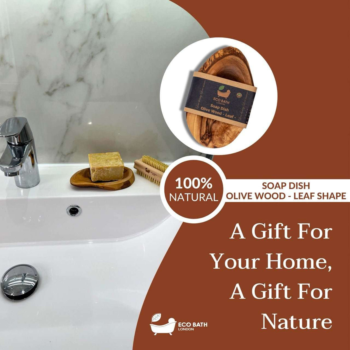 Wood Leaf Soap Dish by Eco Bath London, made from natural olive wood for a stylish bathroom decor