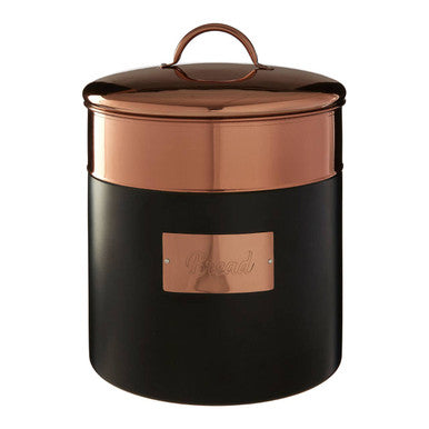 Orsina Bread Bin in Black with a Copper Lid and Engraved Label for Stylish Kitchen Storage