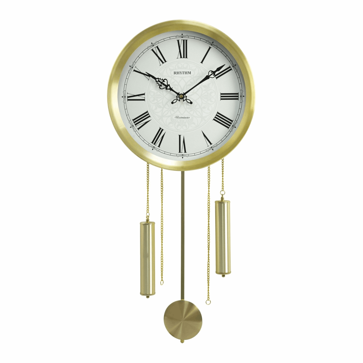 Elegant Widdop Wall Clock with Roman Numerals and Pendulum in Gold Finish