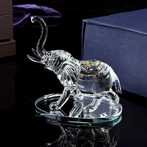 Elegant glass Elephant Ornament featuring vibrant colours and a detailed design on a reflective base