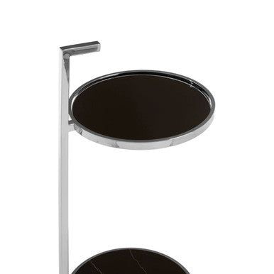 Orsina End Table with a sleek black circular top and chrome frame for modern living spaces