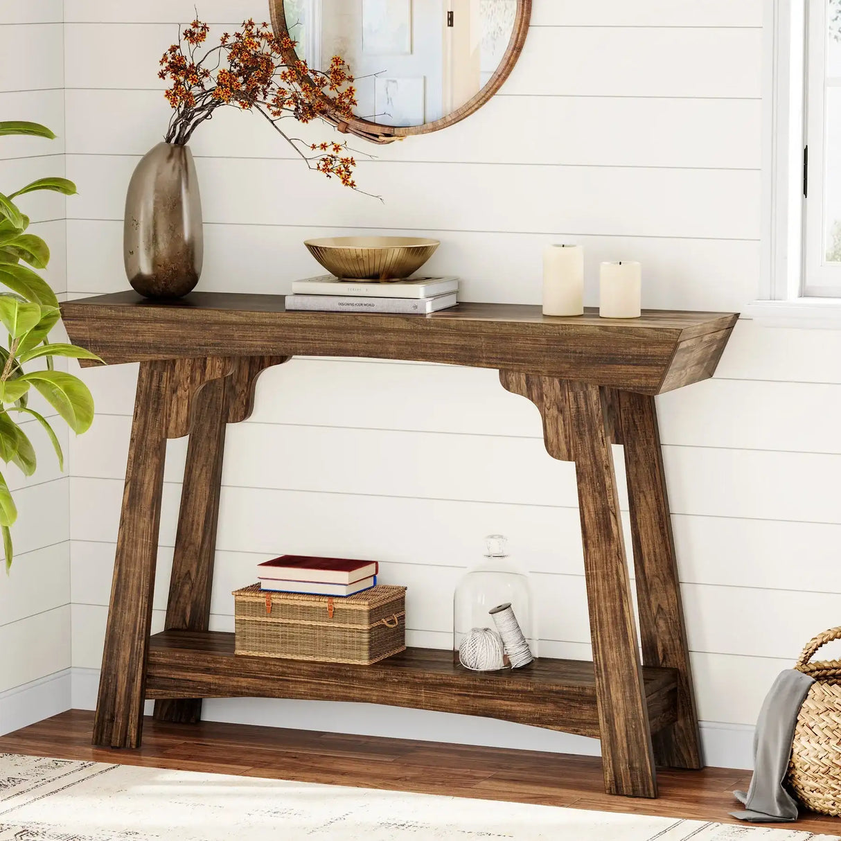 Klassyx Entryway Table in Rustic Wood Finish with Two-Tier Design for Stylish Hallway Storage