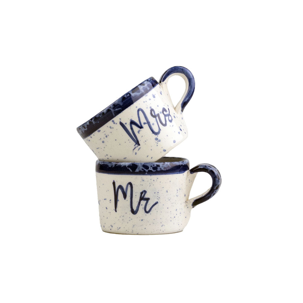 Set of Mr and Mrs Espresso Cups in speckled ceramic with navy accents for couples