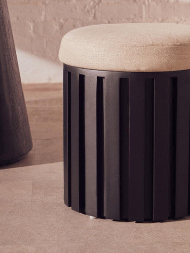 Perdoba Ridge Base Mango Wood Black Finish Texture Fabric Stool Orsina