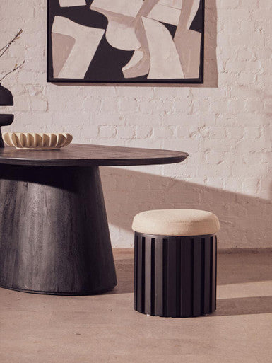 Perdoba Ridge Base Mango Wood Black Finish Texture Fabric Stool Orsina