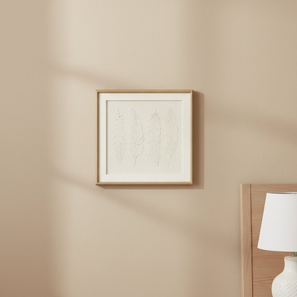 Alta White Feathers Art Mounted In Beaded Frame BROWN WOOD Shades 4 Seasons