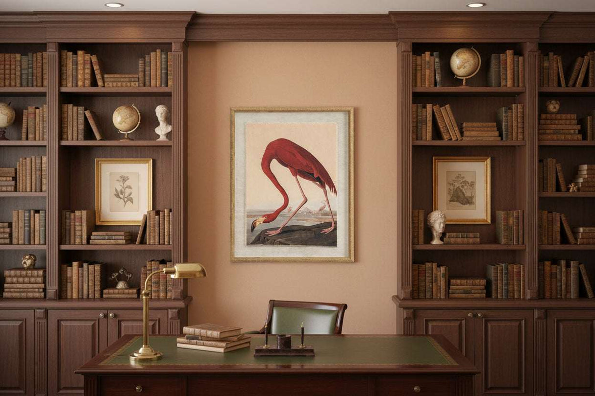 Framed Flamingo On Linen Artwork displayed in a classic library setting with wooden bookshelves