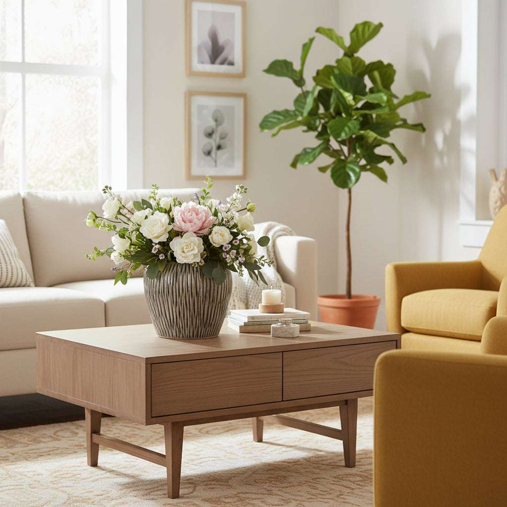 Fleck Vase from Shades 4 Seasons filled with fresh flowers on a wooden coffee table in a bright living room