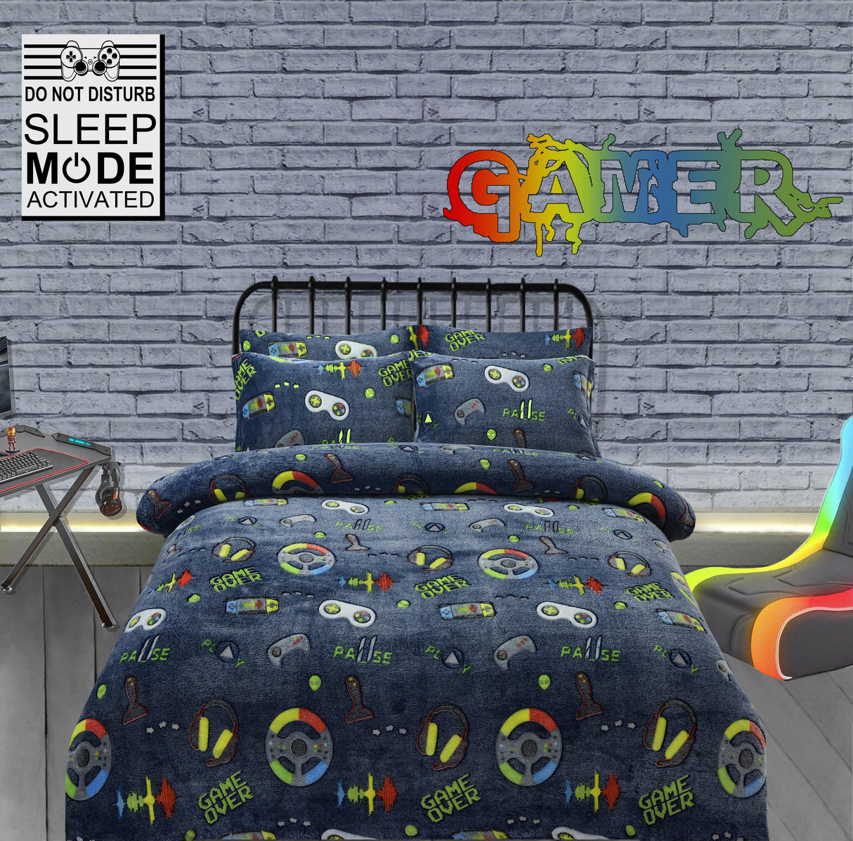 Olivia Rocco Fleece Duvet Set featuring a playful gamer design with video game controllers and vibrant colours