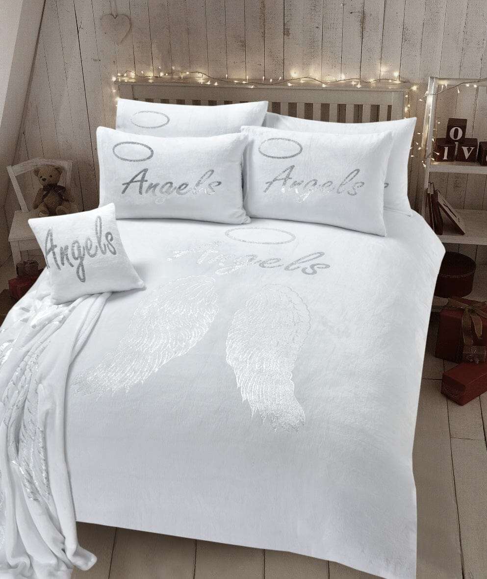 OLIVIA ROCCO Fleece Duvet Set in white with angel print and matching cushions for cosy bedrooms