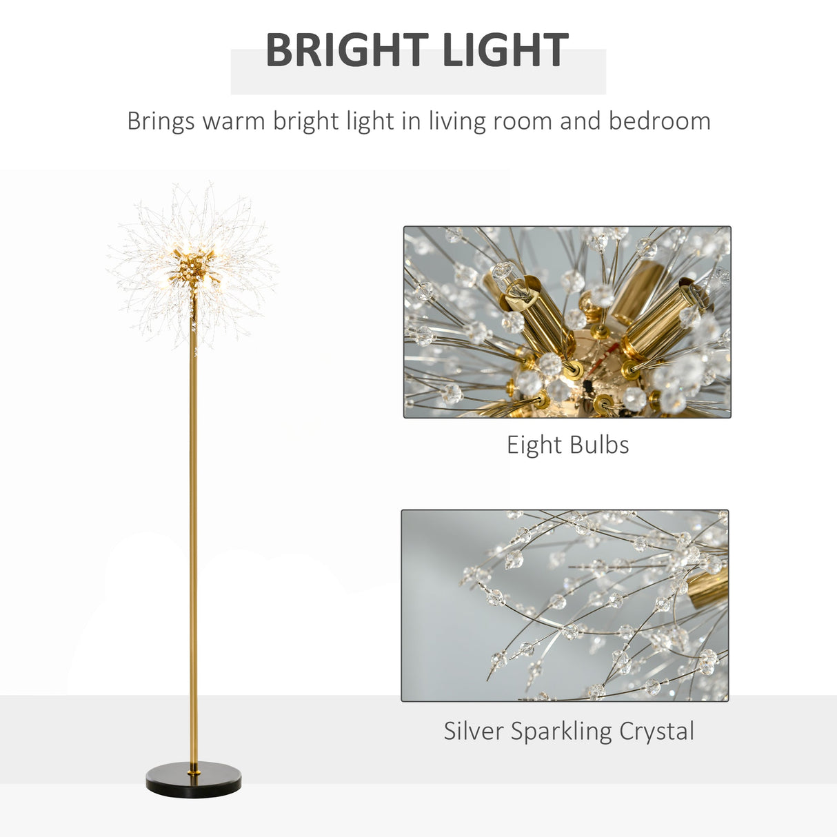 Wise Galleria Floor Lamp with eight bulbs and silver sparkling crystal design for bright living room light
