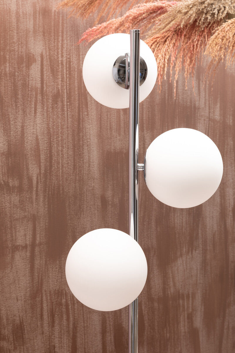 Orsina Floor Lamp with Three White Globe Shades on a Chrome Stand for Modern Interiors