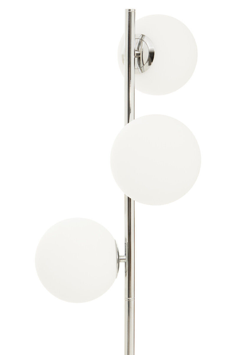 Orsina Floor Lamp with three spherical white glass shades on a sleek chrome stand