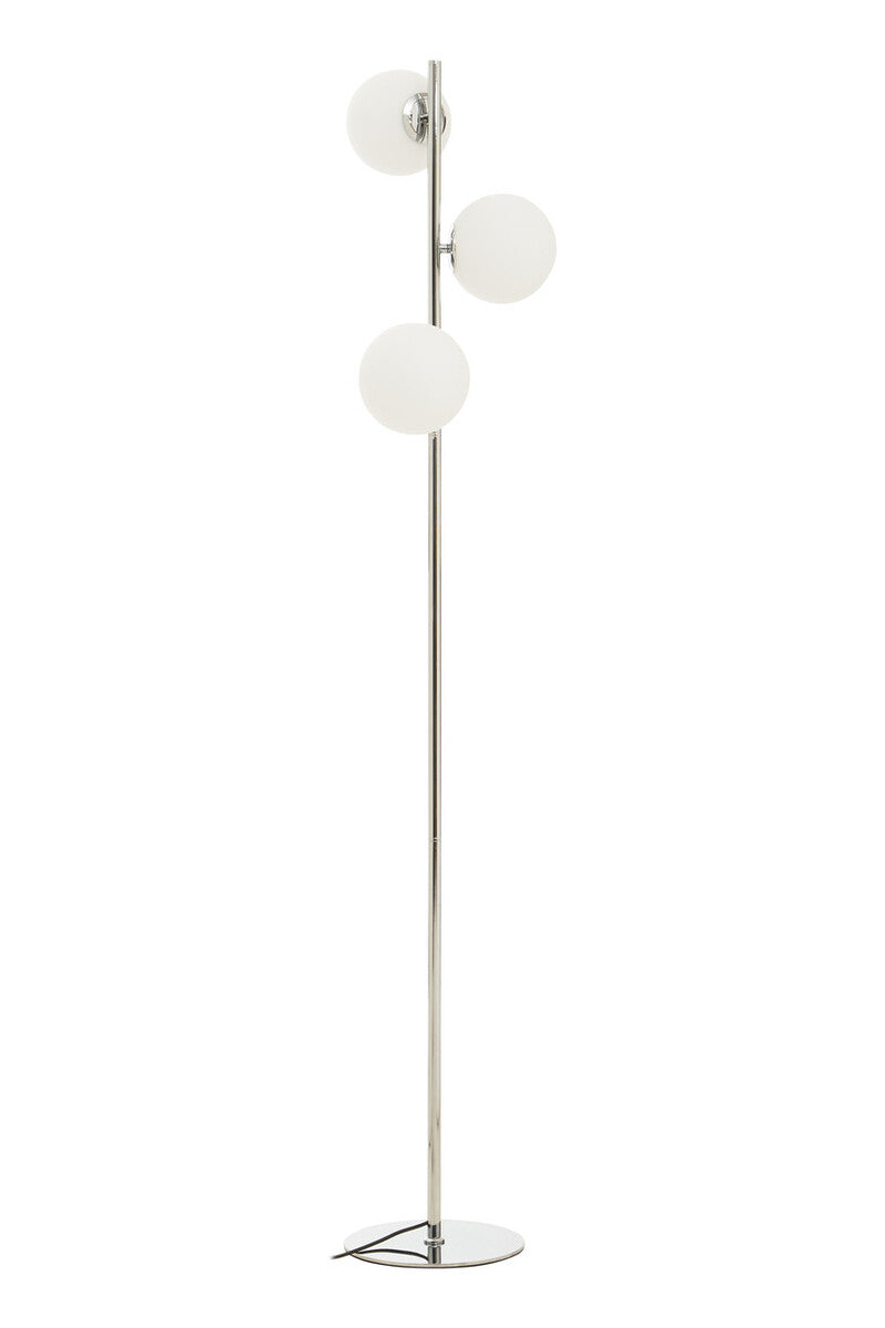 Orsina Floor Lamp with three round white glass shades on a sleek chrome base