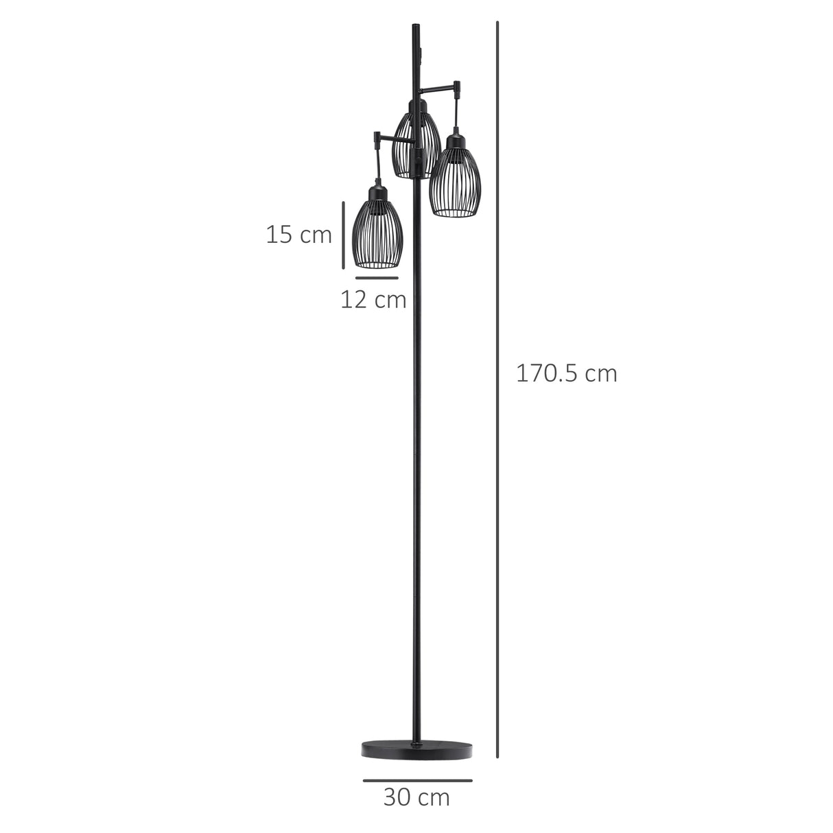 Wise Galleria Black Floor Lamp with Three Adjustable Glass Shades for Modern Living Spaces