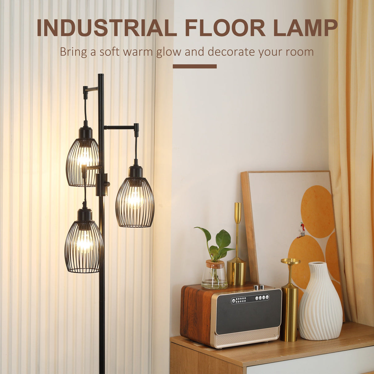 Industrial floor lamp with three bulb designs, providing a warm glow for home decoration