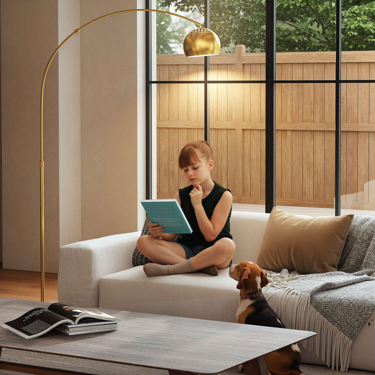 Modern floor lamp in a stylish living room, illuminating a girl reading while her dog relaxes nearby