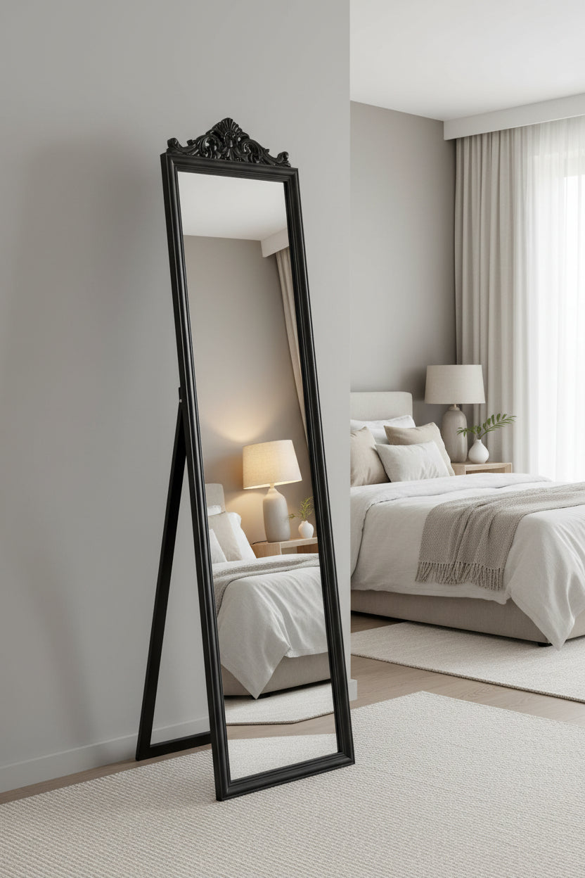 Orsina Elegant Floor Mirror with a Decorative Black Frame, Ideal for Bedroom Decor