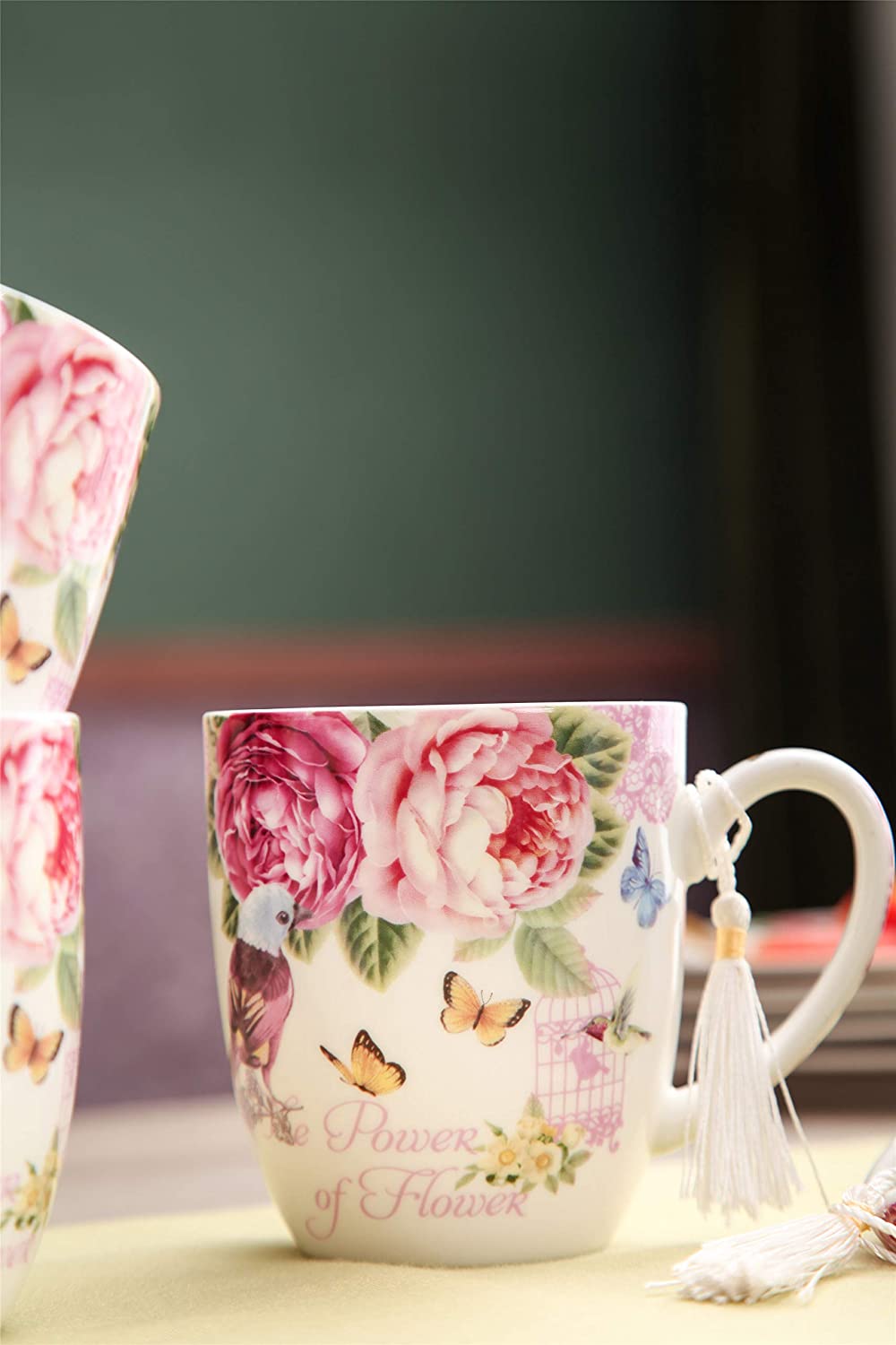 Beautiful floral ceramic Mugs Set with vibrant peonies and butterflies for stylish tea time