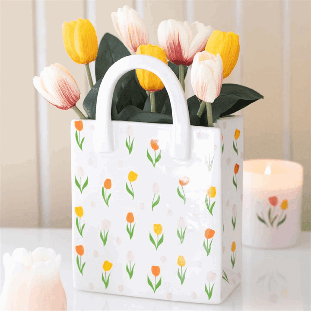 Tulip Print Ceramic Bag-Shaped Flower Vase N/A