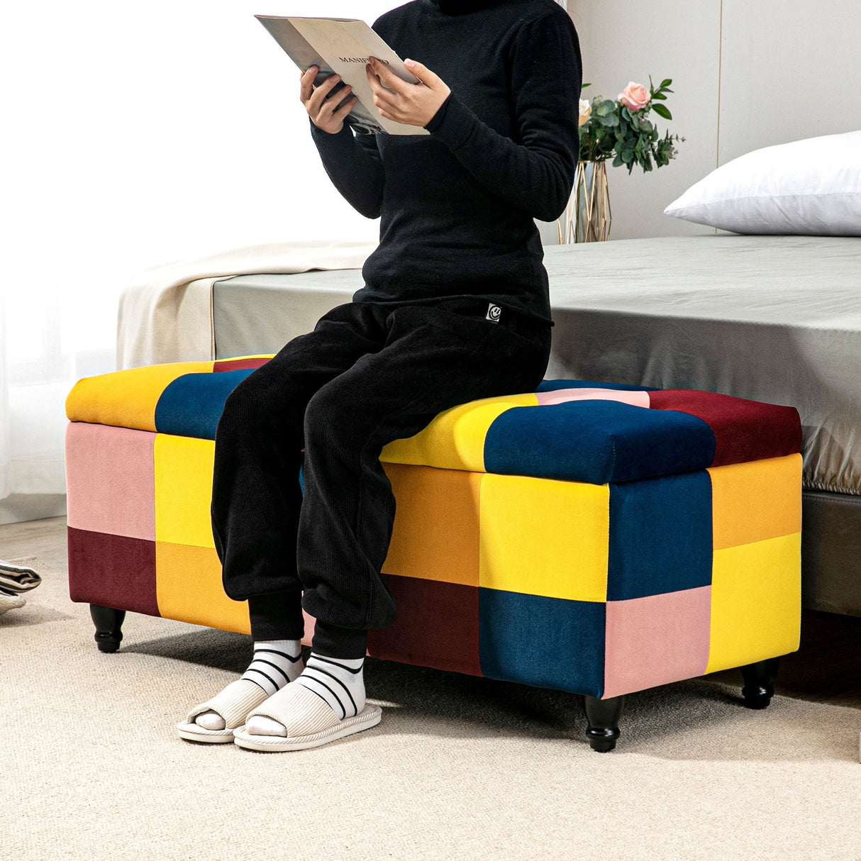 Colourful footstool box from Wise Galleria, perfect for seating and storage in living rooms or bedrooms