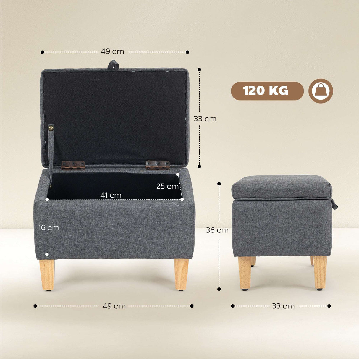 Wise Galleria Footstool with Storage and Wooden Legs, Grey Fabric, Stylish and Practical Design