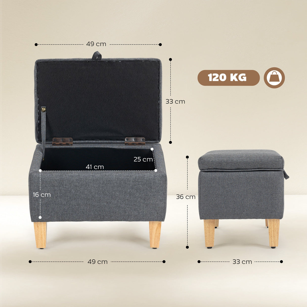 Wise Galleria Footstool with Storage and Wooden Legs, Grey Fabric, Stylish and Practical Design