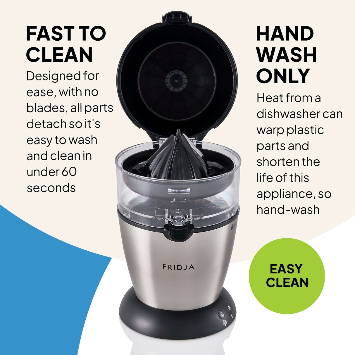 Fridja Citrus Juicer designed for easy cleaning with detachable parts for quick use