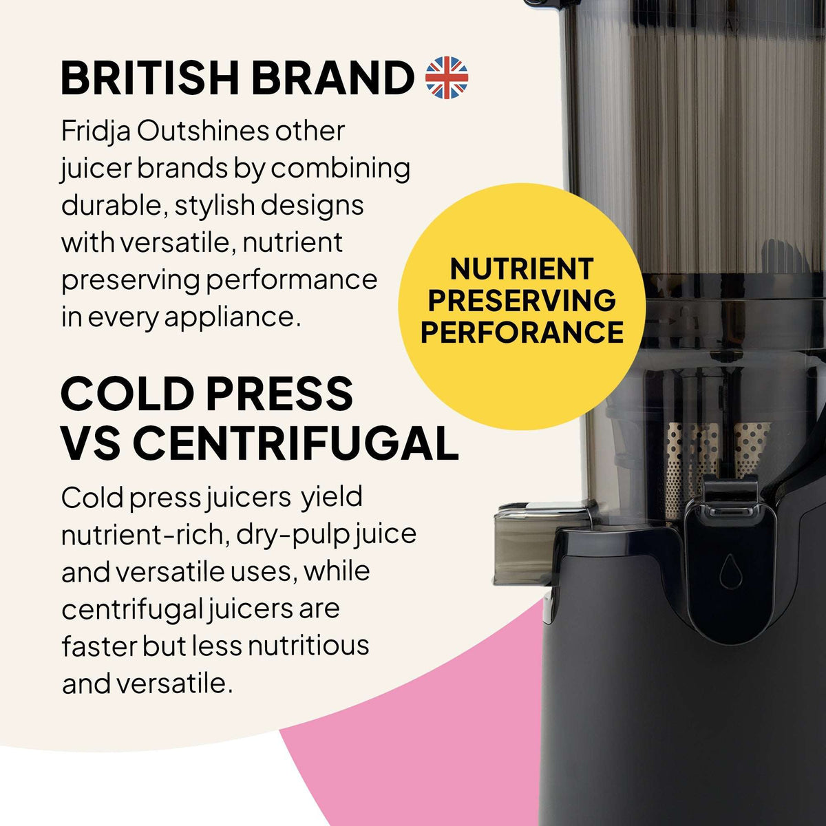 Fridja Cold Press Fruit Juicer with nutrient preserving performance for healthy juice extraction