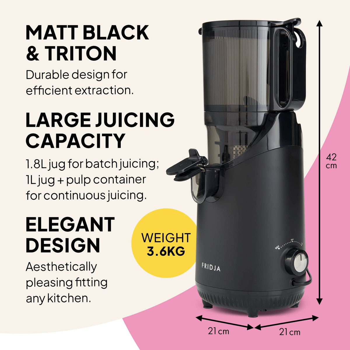 Fridja Fruit Juicer in Matt Black with 1.8L Jug and Elegant Design for Efficient Juicing