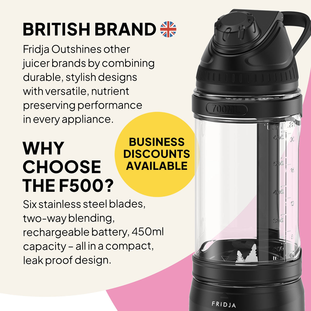 Fridja Portable Blender with six stainless steel blades and 450ml capacity for effortless blending