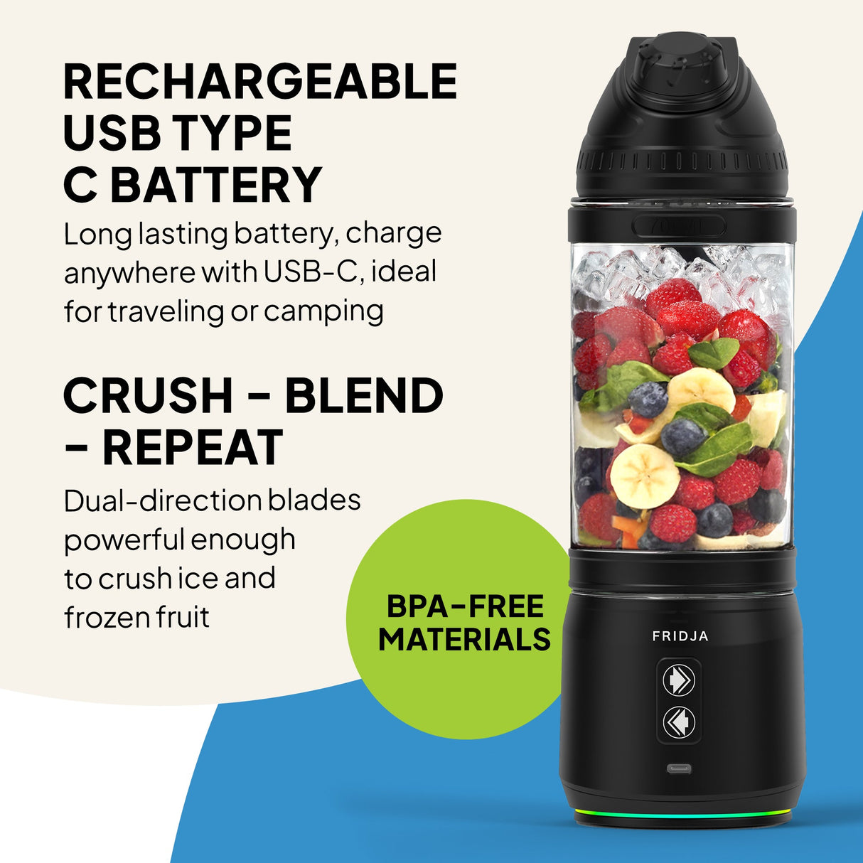 Fridja Portable Blender with rechargeable USB-C battery for crushing and blending fruit while camping