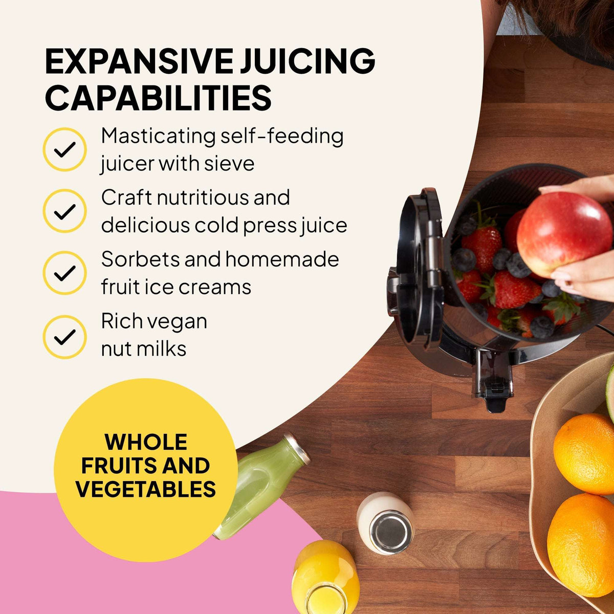 Fridja Fruit Juicer with masticating technology for nutritious juice and sorbets from whole fruits and vegetables