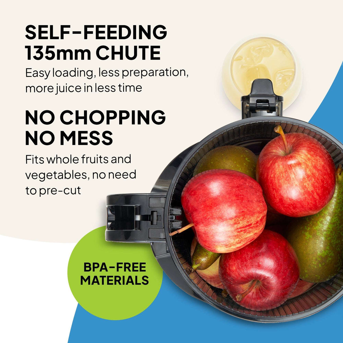 Fridja Fruit Juicer with self-feeding 135mm chute for whole fruits and vegetables with no pre-cutting needed