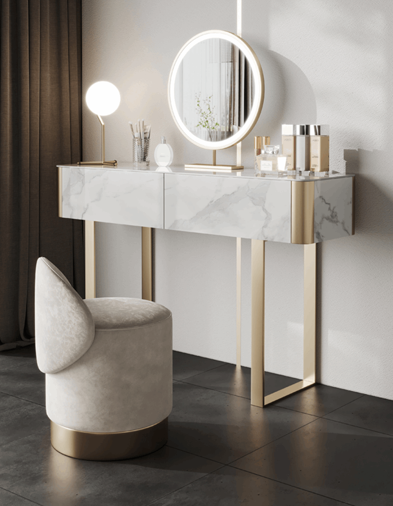 Le Di Vita Dressing Table with marble finish and round mirror, complemented by a plush upholstered stool