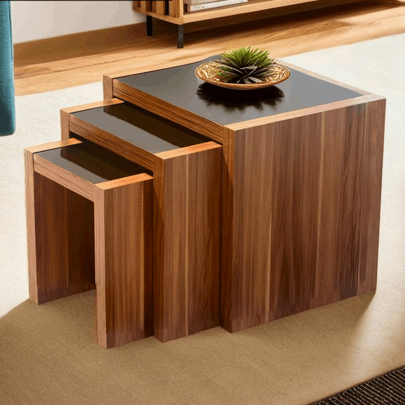 Orsina Nest of Tables in wood finish with a sleek design and black tabletops for modern living spaces