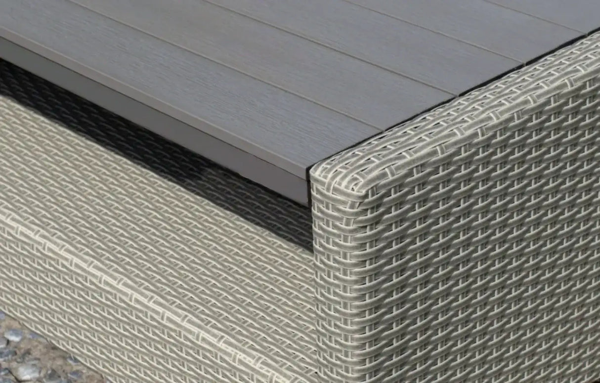 MINT Outdoor Garden Chaise Lounge featuring a stylish woven design and durable tabletop