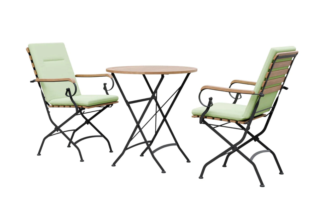 MINT Outdoor Garden Dining Set with two chairs and round wooden table for outdoor dining