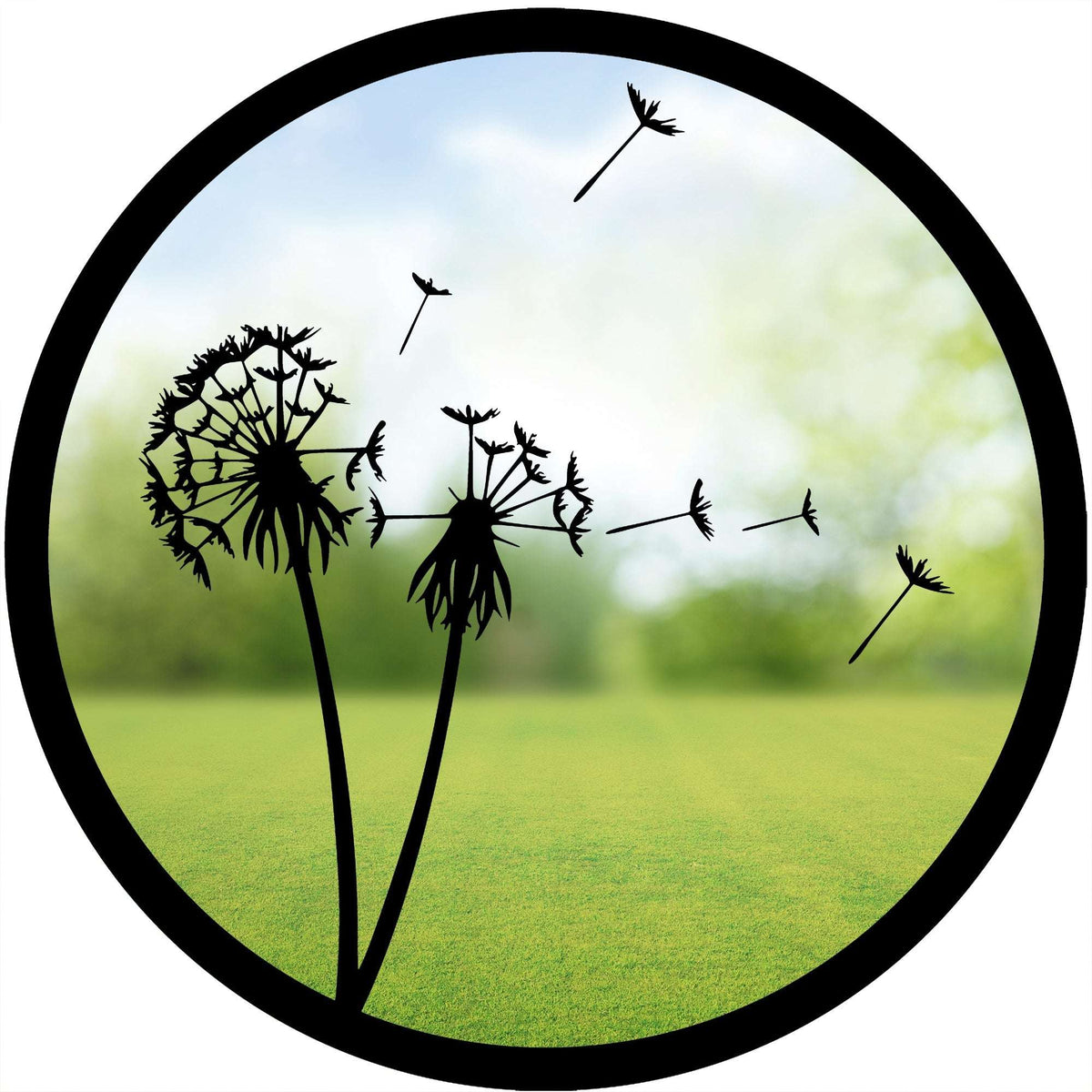Decorative Garden Mirror featuring dandelion silhouette design against a serene garden background