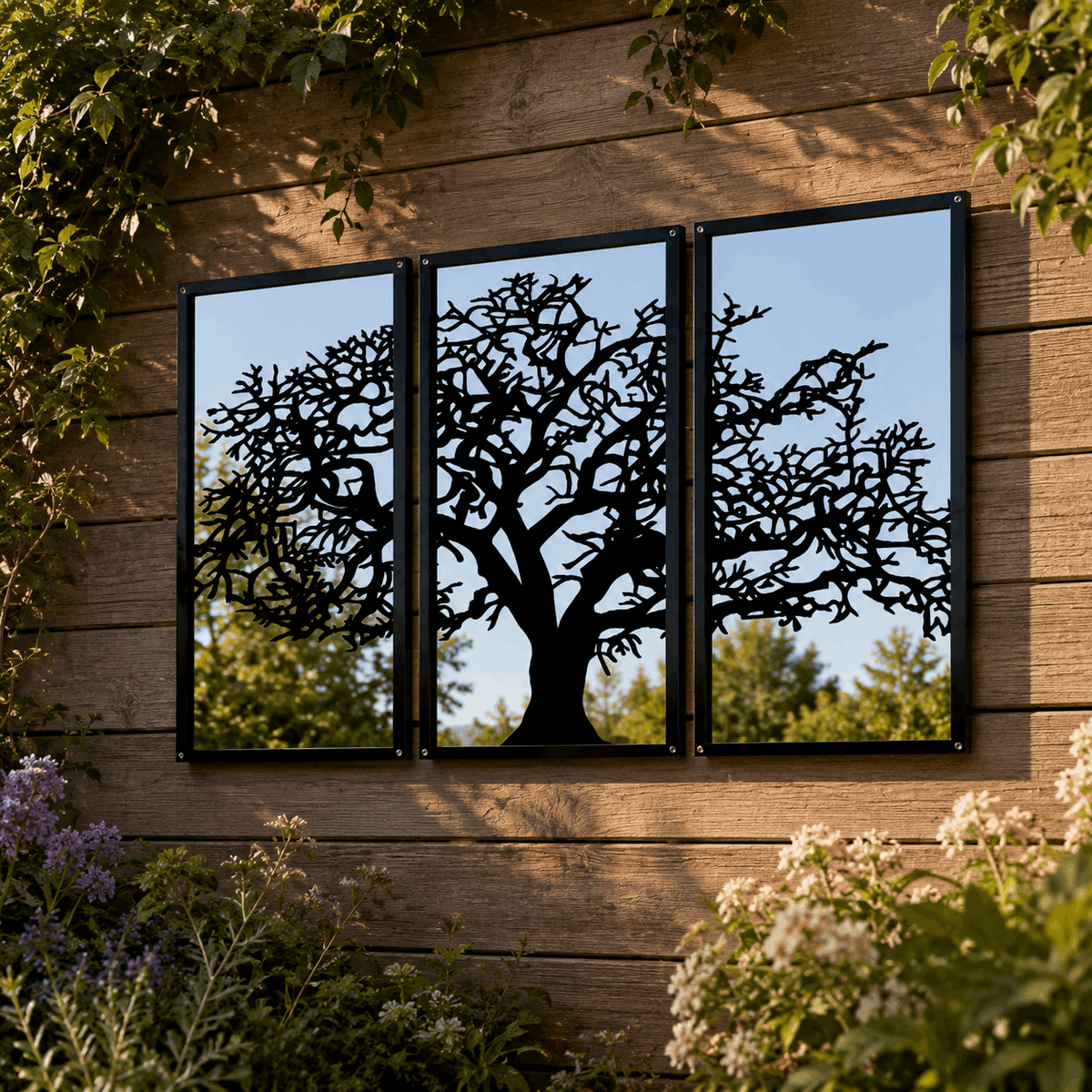 Stylish Garden Mirror featuring a tree silhouette design, perfect for enhancing outdoor spaces