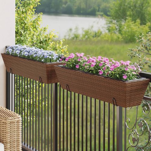 vidaXL Garden Planters with hooks 2 pcs Black Poly Rattan brown 84 x 22 x 18 cm vidaXL