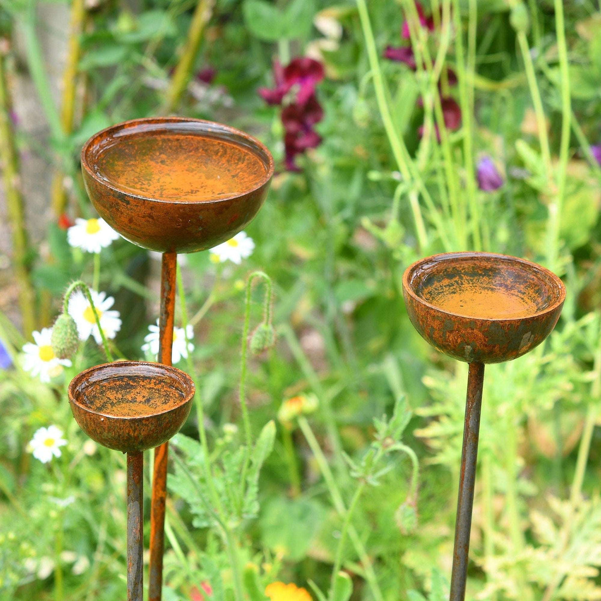Savageworksuk Rain Catcher with three rustic bowls on stakes for garden decoration and water collection