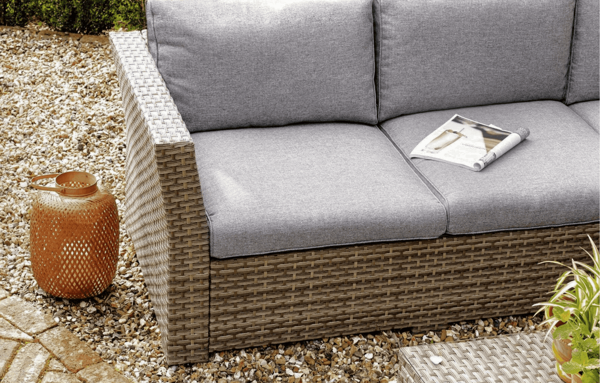 MINT Outdoor Garden Sofa Set with grey cushions and woven rattan detailing, perfect for outdoor relaxation