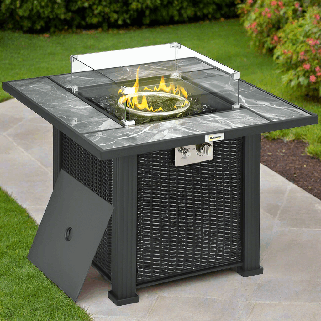 Outsunny Gas Fire Pit Table With Rain Cover, Windscreen & Glass Stone Outsunny