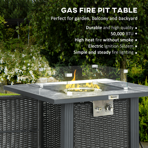 Outsunny Gas Fire Pit Table With Rain Cover, Windscreen & Glass Stone Outsunny