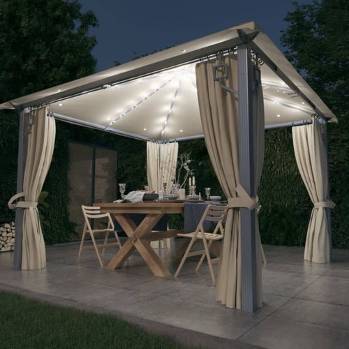 vidaXL Gazebo with Curtain & LED String Lights 3x3 m Cream Aluminium vidaXL